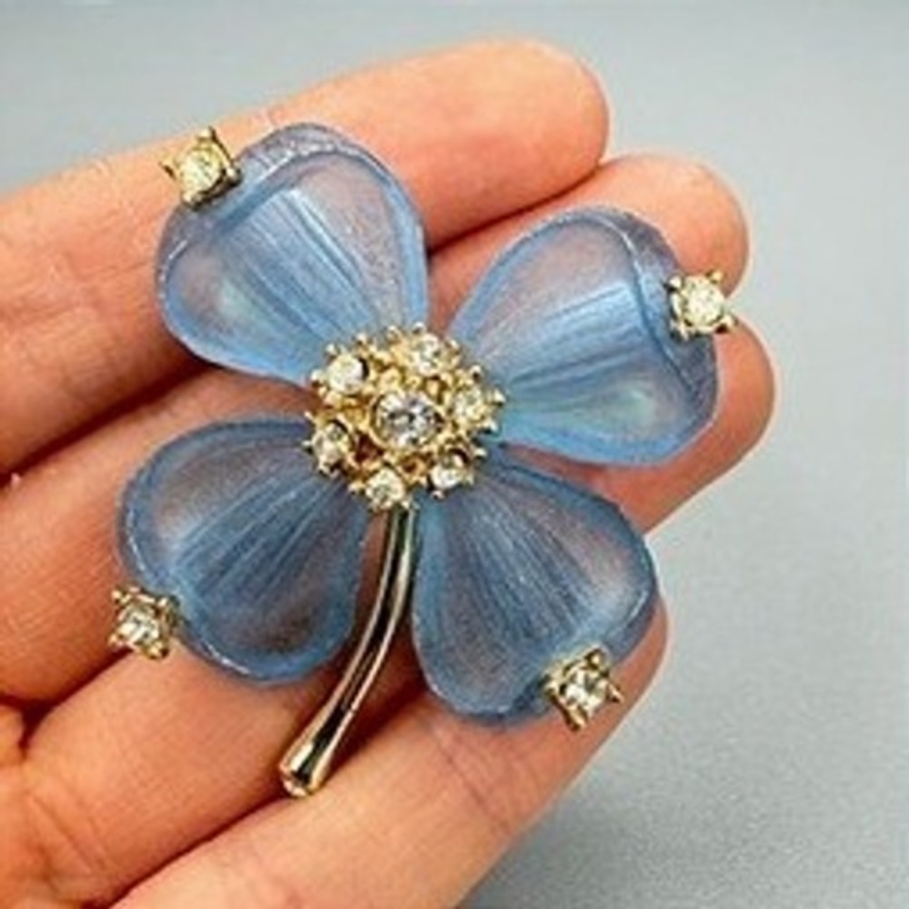 Vintage Blue Frosted Lucite Four Leaf Clover Brooch Floral Rhinestones Summer